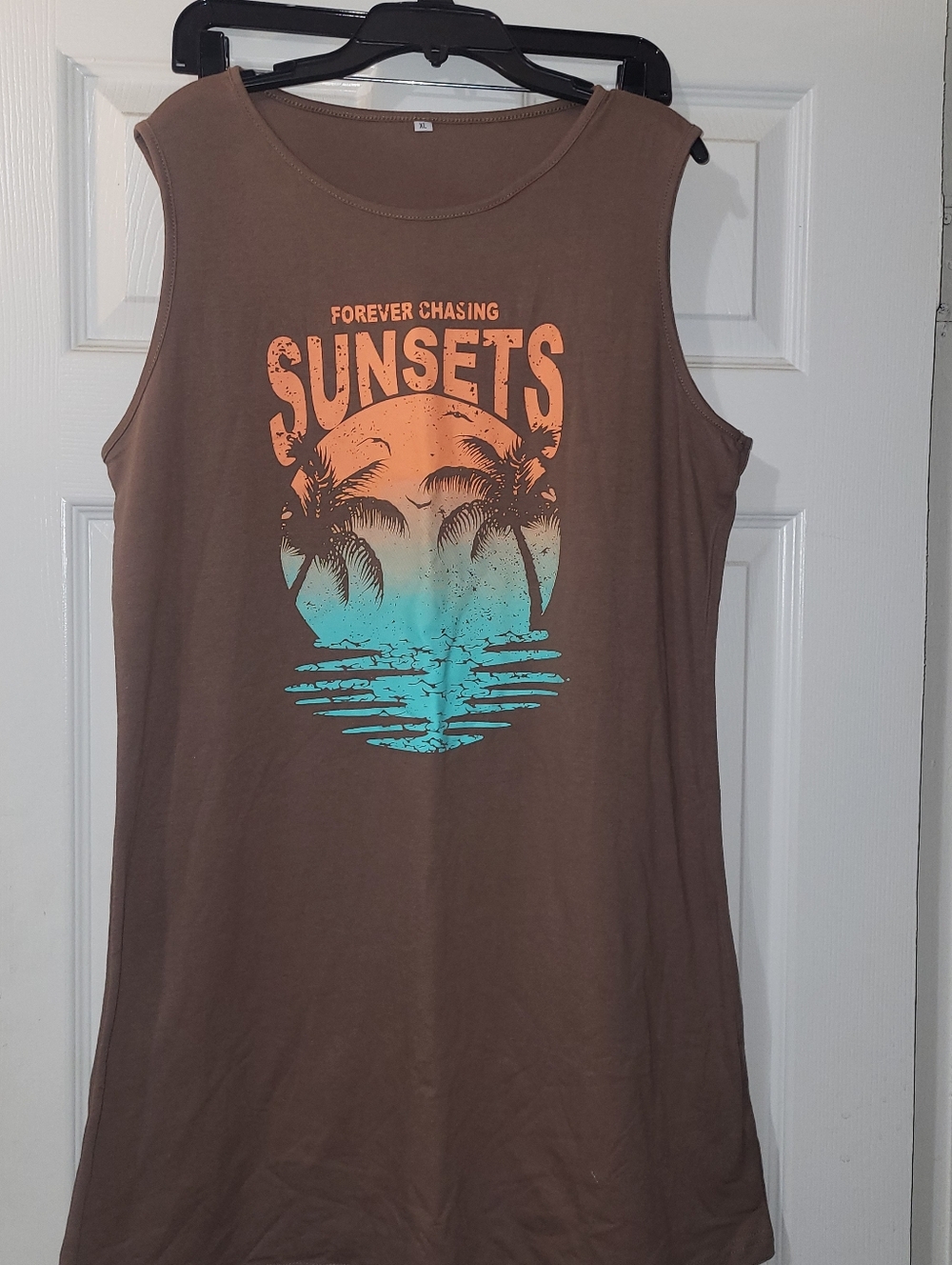 Sunsets Graphic Sleeveless Tank - Brown with Orange & Teal